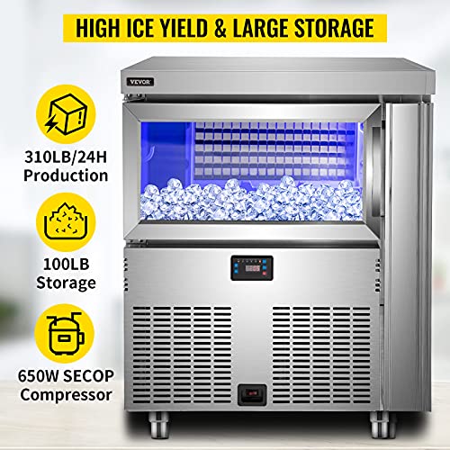 VEVOR 110V Commercial Ice Maker Machine, 300LBS/24H Stainless Steel Under Counter Ice Machine with 100LB Storage, 108PCS Clear Cube, Auto Operation, Include Water Filter, 2 Scoops, Connection Hose