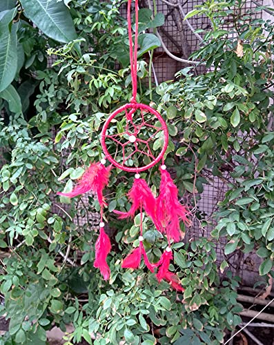 FIKIMOS Dream Catchers Wall Decor, Handmade Feather Bedroom Home Car Decor Nursery Room Hanging Decoration (3" Red Ring)