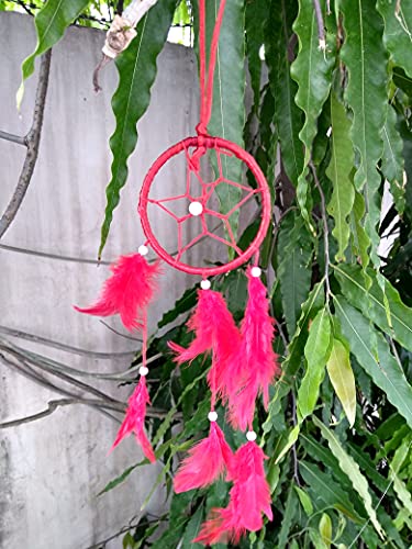 FIKIMOS Dream Catchers Wall Decor, Handmade Feather Bedroom Home Car Decor Nursery Room Hanging Decoration (3" Red Ring)