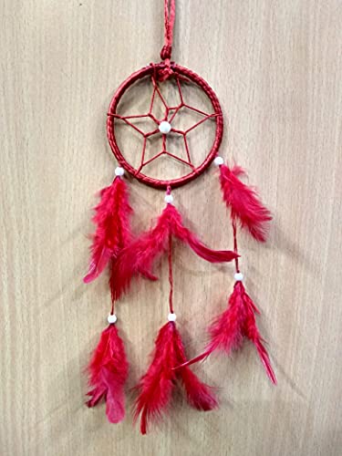 FIKIMOS Dream Catchers Wall Decor, Handmade Feather Bedroom Home Car Decor Nursery Room Hanging Decoration (3" Red Ring)