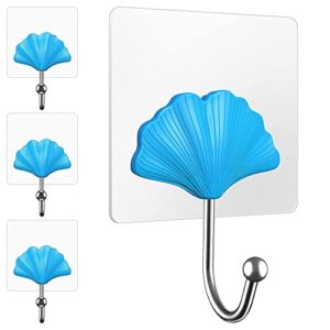 seleware adhesive hooks 20ib(max), heavy duty decorative wall hooks for hanging, waterproof and oilproof seamless hooks for wall indoor kitchen bathroom office, blue ginkgo leaf, 4 pack