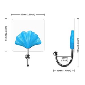 SELEWARE Adhesive Hooks 20Ib(Max), Heavy Duty Decorative Wall Hooks for Hanging, Waterproof and Oilproof Seamless Hooks for Wall Indoor Kitchen Bathroom Office, Blue Ginkgo Leaf, 4 Pack