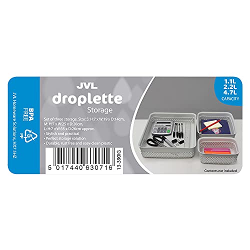 JVL Droplette Design Set of 3 Rectangular Plastic Storage, One Size, Grey