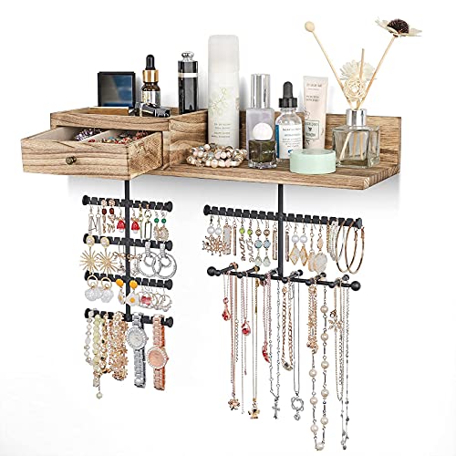 VINAEMO Jewelry Organizer Hanging Wall Mounted Jewelry Holder with Rustic Wood Drawer & Large Capacity Storage Shelf Rack Display for Earrings Rings Necklaces Bracelet