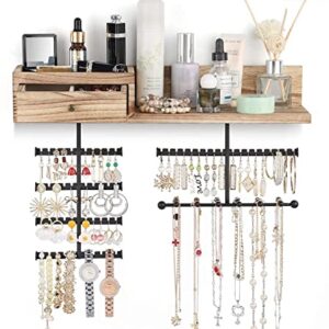 VINAEMO Jewelry Organizer Hanging Wall Mounted Jewelry Holder with Rustic Wood Drawer & Large Capacity Storage Shelf Rack Display for Earrings Rings Necklaces Bracelet