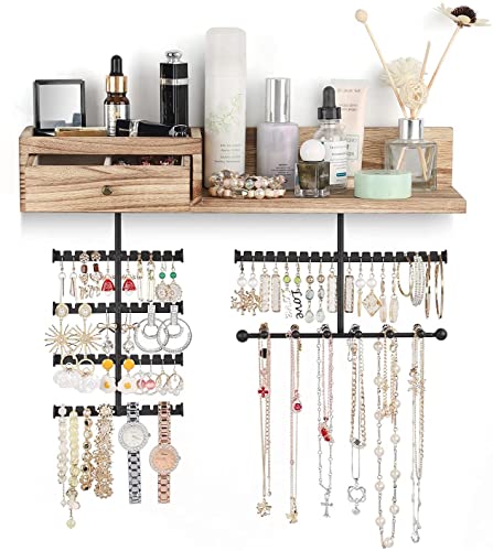 VINAEMO Jewelry Organizer Hanging Wall Mounted Jewelry Holder with Rustic Wood Drawer & Large Capacity Storage Shelf Rack Display for Earrings Rings Necklaces Bracelet