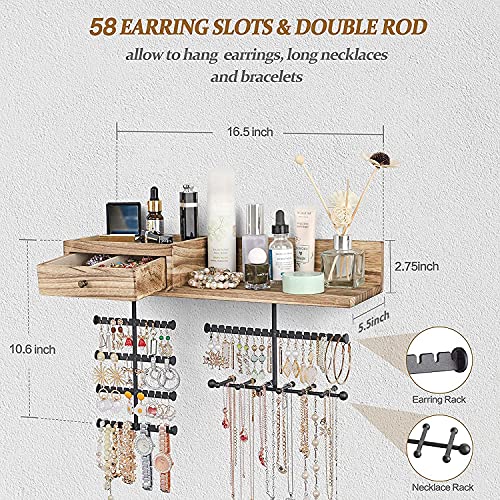 VINAEMO Jewelry Organizer Hanging Wall Mounted Jewelry Holder with Rustic Wood Drawer & Large Capacity Storage Shelf Rack Display for Earrings Rings Necklaces Bracelet