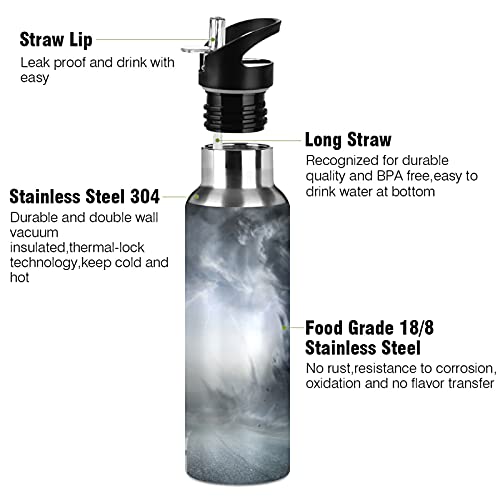 xigua Black Tornado Water Bottle with Straw Lid Vacuum Insulated Stainless Steel Thermo Flask for Sports Cycling Hiking School Home,20 oz.