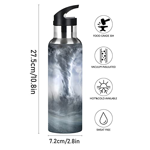 xigua Black Tornado Water Bottle with Straw Lid Vacuum Insulated Stainless Steel Thermo Flask for Sports Cycling Hiking School Home,20 oz.