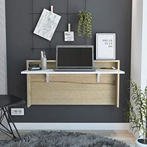 Tuhome London 20-inch Tall Wall-Mounted Floating Desk, Light Oak/White