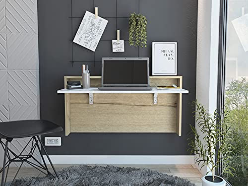 Tuhome London 20-inch Tall Wall-Mounted Floating Desk, Light Oak/White