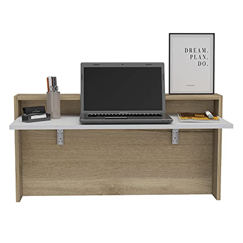 Tuhome London 20-inch Tall Wall-Mounted Floating Desk, Light Oak/White