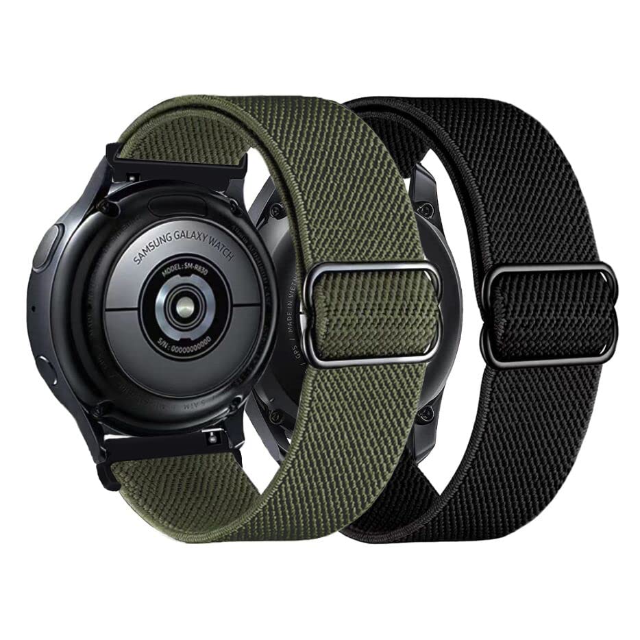 2PACK AHXLL Nylon bands compatible with Samsung Galaxy Watch Active 2 44mm 40mm/Active 40mm/Galaxy Watch 3 41mm/ Galaxy Watch 4 40mm 44mm /Galaxy Watch 5 Pro 45mm, 20mm Stretchy Sport Loop Breathable Wristband (Black+Army Green)