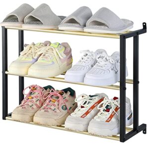 mygift 3 tier wall mounted modern minimalist black and brass tone metal shoe rack, hanging shoes organizer shelf for closet, mudroom, entryway, holds 6 pairs