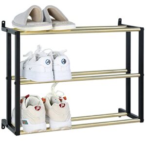 MyGift 3 Tier Wall Mounted Modern Minimalist Black and Brass Tone Metal Shoe Rack, Hanging Shoes Organizer Shelf for Closet, Mudroom, Entryway, Holds 6 Pairs