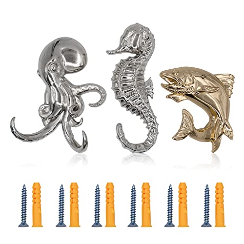 ALIWINER Seahorse Hooks Hanging Wall Mounted Rustic Decorative Hook,Tuna Towel Hooks-Heavy Duty Wall Hanger for Robe, Decorative Octopus Hook Ocean Theme Wall Decor, Set of 3