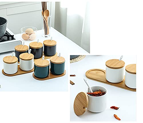 RockTrend Simple Pure Color Ceramic Spice Jar Seasoning Box Condiment Pot Sugar Bowl with Bamboo Lid and Spoon