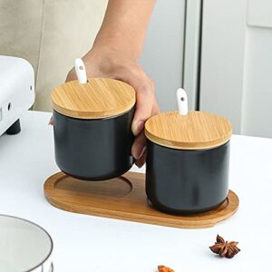 RockTrend Simple Pure Color Ceramic Spice Jar Seasoning Box Condiment Pot Sugar Bowl with Bamboo Lid and Spoon