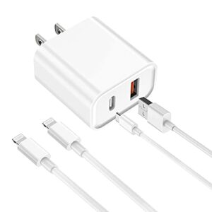 iphone fast charger, [apple mfi certified] esbeecables 20w dual port pd3.0 usb-c + qc3.0 usb-a rapid wall charger with 2x 6ft lightning cables, for iphone 14/13/12/11 pro, xs/xr/x/8/7p/se/ipad/airpods