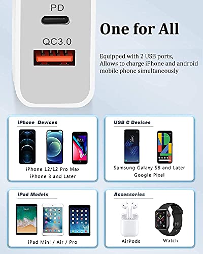 iPhone Fast Charger, [Apple MFi Certified] esbeecables 20W Dual Port PD3.0 USB-C + QC3.0 USB-A Rapid Wall Charger with 2X 6ft Lightning Cables, for iPhone 14/13/12/11 Pro, XS/XR/X/8/7P/SE/iPad/AirPods