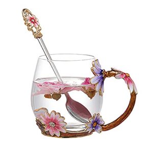 evecase daisy flower glass mugs tea cup with steel spoon,tea lovers gifts for women,wife,mom,female,friends,birthday,mothers day, valentines day,christmas