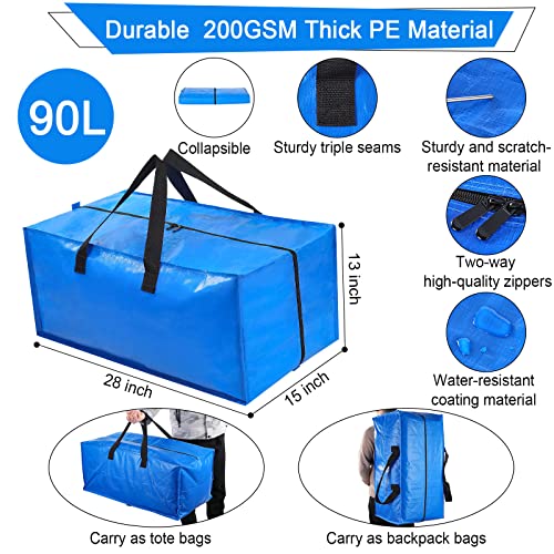 Uhogo Moving Bags 90L - 6 Blue Heavy Duty Extra Large Storage Bags for Clothes - Strong Handles Backpack Straps Zipper Moving Totes - Packing Moving College Traveling Christmas Storage Bags