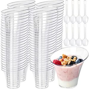 cedilis 100 pack 6oz slanted round dessert appetizer tumbler cups, clear plastic dessert cups with 100 plastic spoons, slanted cylinder disposable cups, great for event and party
