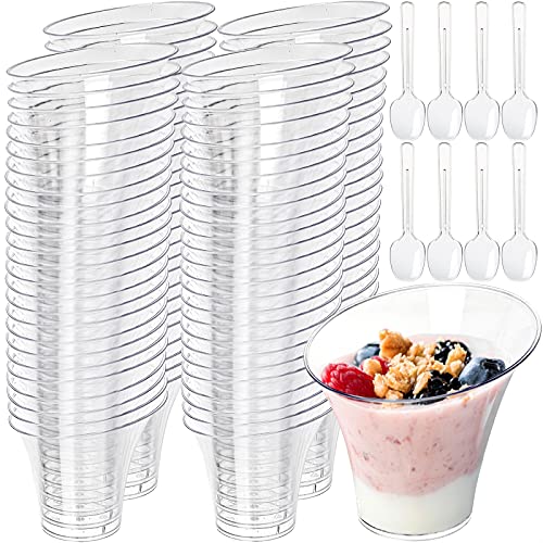 Cedilis 100 Pack 6oz Slanted Round Dessert Appetizer Tumbler Cups, Clear Plastic Dessert Cups with 100 Plastic Spoons, Slanted Cylinder Disposable Cups, Great for Event and Party