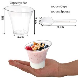 Cedilis 100 Pack 6oz Slanted Round Dessert Appetizer Tumbler Cups, Clear Plastic Dessert Cups with 100 Plastic Spoons, Slanted Cylinder Disposable Cups, Great for Event and Party