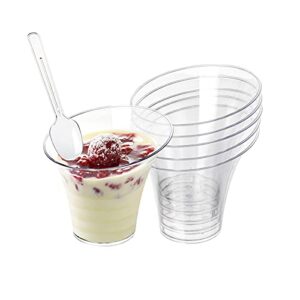 Cedilis 100 Pack 6oz Slanted Round Dessert Appetizer Tumbler Cups, Clear Plastic Dessert Cups with 100 Plastic Spoons, Slanted Cylinder Disposable Cups, Great for Event and Party