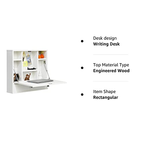 Tangkula Wall Mounted Desk, Pneumatic Floating Desk Wall Mount Laptop Desk with Magnetic Foldable Tabletop, Space Saving Wall Mounted Table Wall Desk with Storage Drawer and Shelves (White)