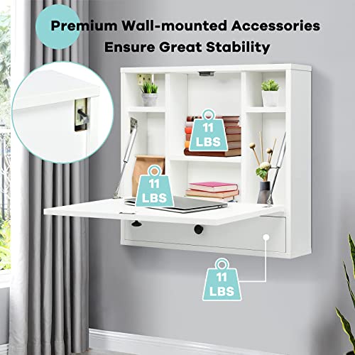 Tangkula Wall Mounted Desk, Pneumatic Floating Desk Wall Mount Laptop Desk with Magnetic Foldable Tabletop, Space Saving Wall Mounted Table Wall Desk with Storage Drawer and Shelves (White)