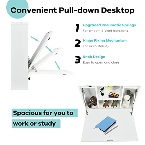 Tangkula Wall Mounted Desk, Pneumatic Floating Desk Wall Mount Laptop Desk with Magnetic Foldable Tabletop, Space Saving Wall Mounted Table Wall Desk with Storage Drawer and Shelves (White)