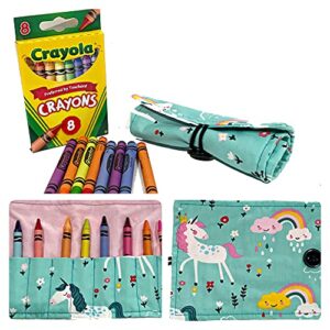 on the go crayons caddy holder wrap roll up case, holds 9 to 18 favorite colors, perfect to keep your kids organized, inspired, & entertained -8 crayons included! usa handmade (pink unicorn, small)