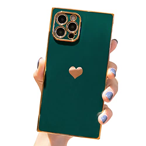 Tzomsze Compatible with iPhone 12 Pro Max Case Square, Cute Luxury Full Camera Lens Protection & Reinforced Corners Shockproof Electroplate Edge Bumper TPU Silicone Case [6.7 inches] -Candy Dark Green