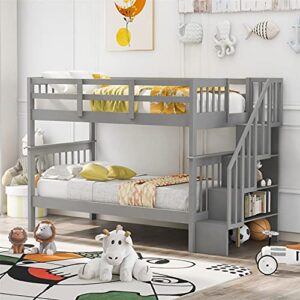 harper & bright designs twin over twin bunk beds with stairs wood bunk bed frame with storage shelves for kids boys girls teens, can be divided into 2 beds, gray