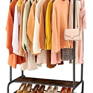 Tajsoon Clothes Rack, Industrial Pipe Clothing Rack with Shelves, Heavy Duty Double Rods Clothes Hanging Rack, Standard Rod Garment Rack on Wheels, Storage Display, Metal, Rustic Brown and Black