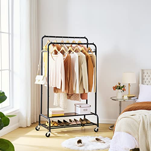 Tajsoon Clothes Rack, Industrial Pipe Clothing Rack with Shelves, Heavy Duty Double Rods Clothes Hanging Rack, Standard Rod Garment Rack on Wheels, Storage Display, Metal, Rustic Brown and Black