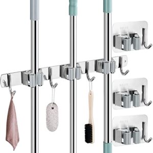 jigiu mop and broom holder, 1+3 mop broom organizer set 16 inch installation broom mop hanger(3 position 4 hooks) and 3pcs mop hooks wall mounted self adhesive stainless steel for garden,garage