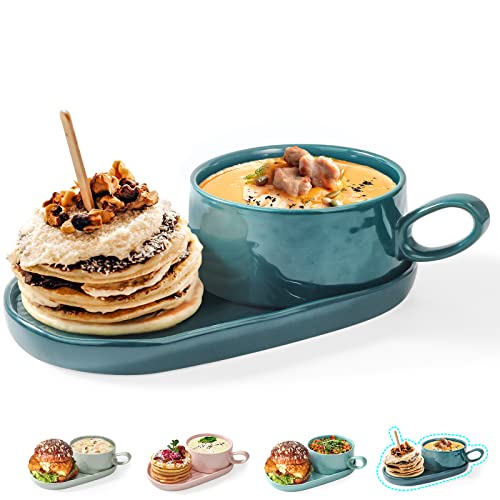 Artena Solid Soup and Sandwich Plate combo, 18 oz Soup Bowls/Mugs/Cups with Handles in 9.85-inch Ceramic Plates, Glazed Soup and Side/Cracker Bowls Sets for Breakfast, Bread Dipping Bowls, Teal Blue