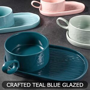 Artena Solid Soup and Sandwich Plate combo, 18 oz Soup Bowls/Mugs/Cups with Handles in 9.85-inch Ceramic Plates, Glazed Soup and Side/Cracker Bowls Sets for Breakfast, Bread Dipping Bowls, Teal Blue