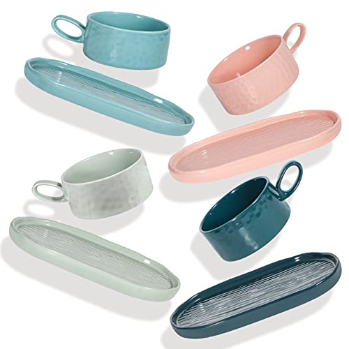 Artena Solid Soup and Sandwich Plate combo, 18 oz Soup Bowls/Mugs/Cups with Handles in 9.85-inch Ceramic Plates, Glazed Soup and Side/Cracker Bowls Sets for Breakfast, Bread Dipping Bowls, Teal Blue