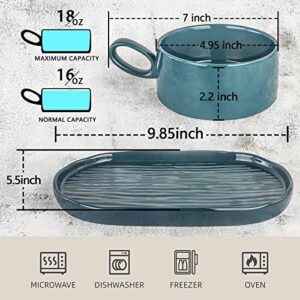 Artena Solid Soup and Sandwich Plate combo, 18 oz Soup Bowls/Mugs/Cups with Handles in 9.85-inch Ceramic Plates, Glazed Soup and Side/Cracker Bowls Sets for Breakfast, Bread Dipping Bowls, Teal Blue