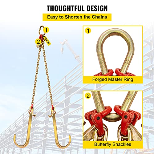 VEVOR V Bridle Chain, 5/16 in x 2 ft Bridle Tow Chain, Grade 80 V-Bridle Transport Chain, 9260 Lbs Break Strength with TJ Hooks and Crab Hooks, Heavy Duty Pear Link Connector and Chain Shorteners