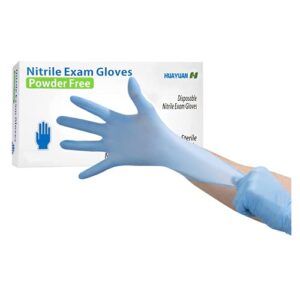 huayuan powder-free nitrile disposable exam gloves, industrial medical examination, latex free rubber, non-sterile, food safe, textured fingertips, ultra-strong, pack of 100, blue - size large