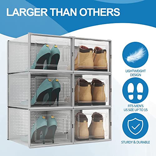 QualiapeX X-Large Long Shoe Boxes Clear Plastic Stackable, Shoe Storage Organizer, Sneaker Storage Containers, Suitable for All Shoes like High Heels & Martin Boots, Grey 6 Pack