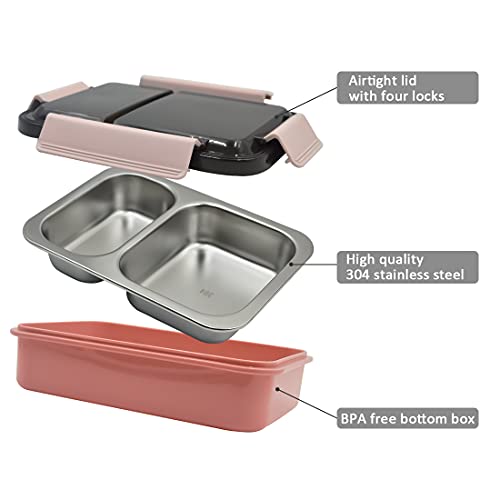 Inroserm Stainless Steel Bento Box For Adults and Kids 2 Compartments Lunch Box Leakproof Pink