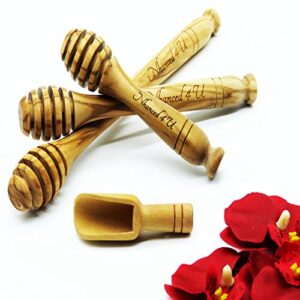 olive wood honey dipper stick - set of 3 (5”/7”/9”) & 1 wooden spoon, use honey sticks for tea & as honey server, honey dripper, honey spoon, honey drizzler, honey stirrers for tea