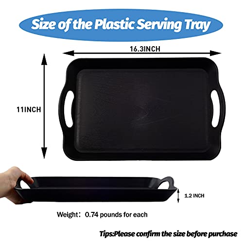 LEEHOWA 3 Pack 16” Plastic Tray with Handles Rectangle Serving Set, Breakfast Trays Handles, Restaurant Set for Food, Waterproof and Non Slip Tray(Black Wood Grain)