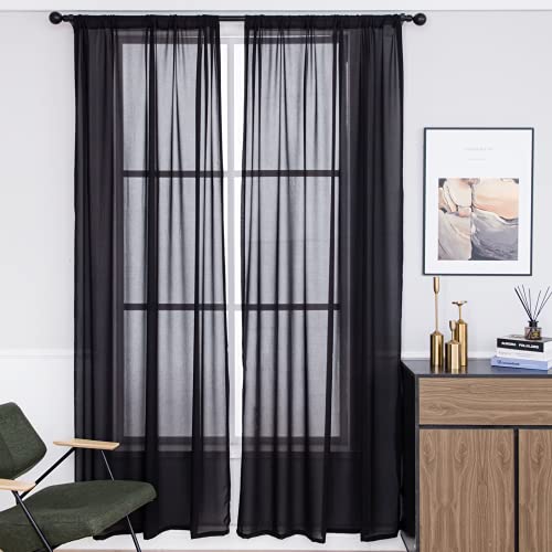 VEGA U Sheer Curtains, Smooth and Soft Rod Pocket Filmy Curtains Weaken Sunlight, Set of 2 Panels (52" W X 96" L, Black)